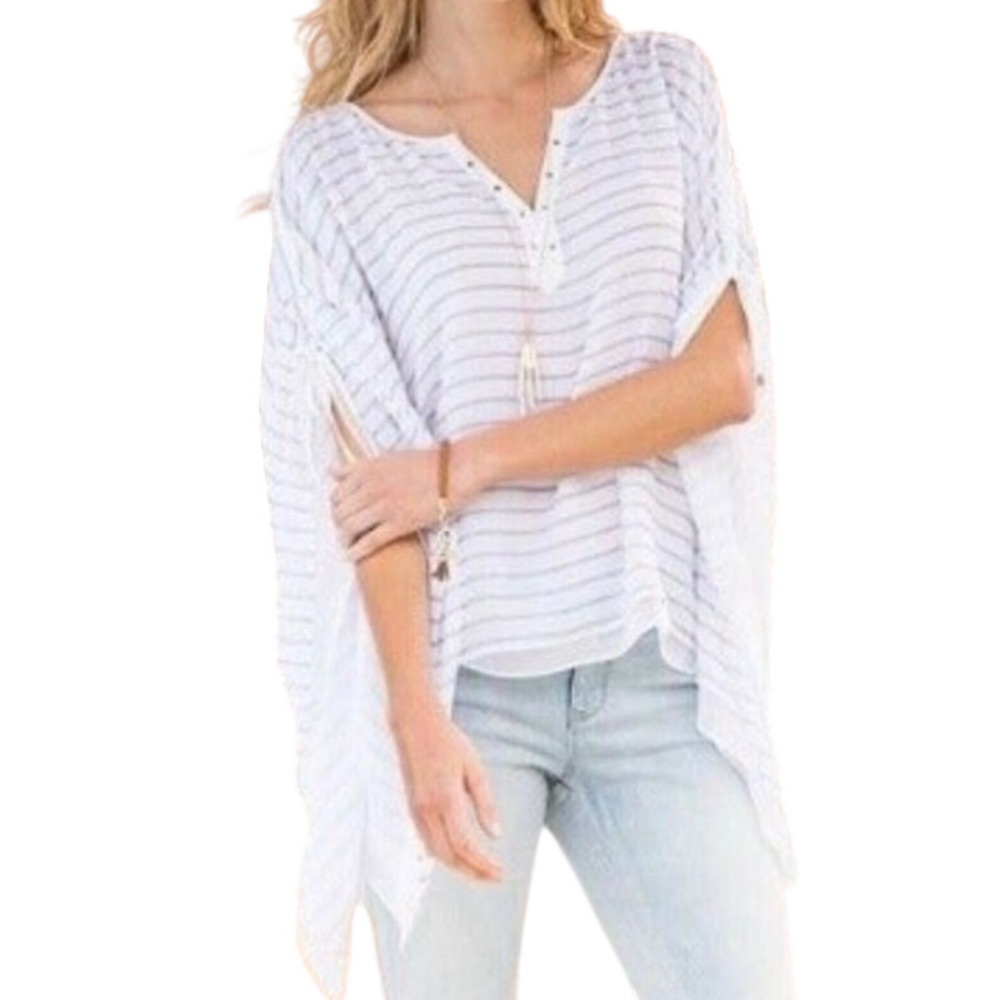 White House Black Market Striped Poncho Top Blue White Lace Up V-Neck Large
